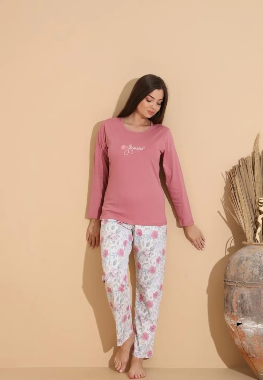 Pijama damă cu bluză „Flowers” și pantaloni cu imprimeu floral, roz prăfuit - 4