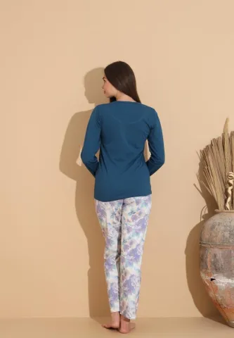 Pijama damă bleumarin, bluză „Love” și pantaloni cu imprimeu floral hover