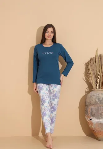 Pijama damă bleumarin, bluză „Love” și pantaloni cu imprimeu floral