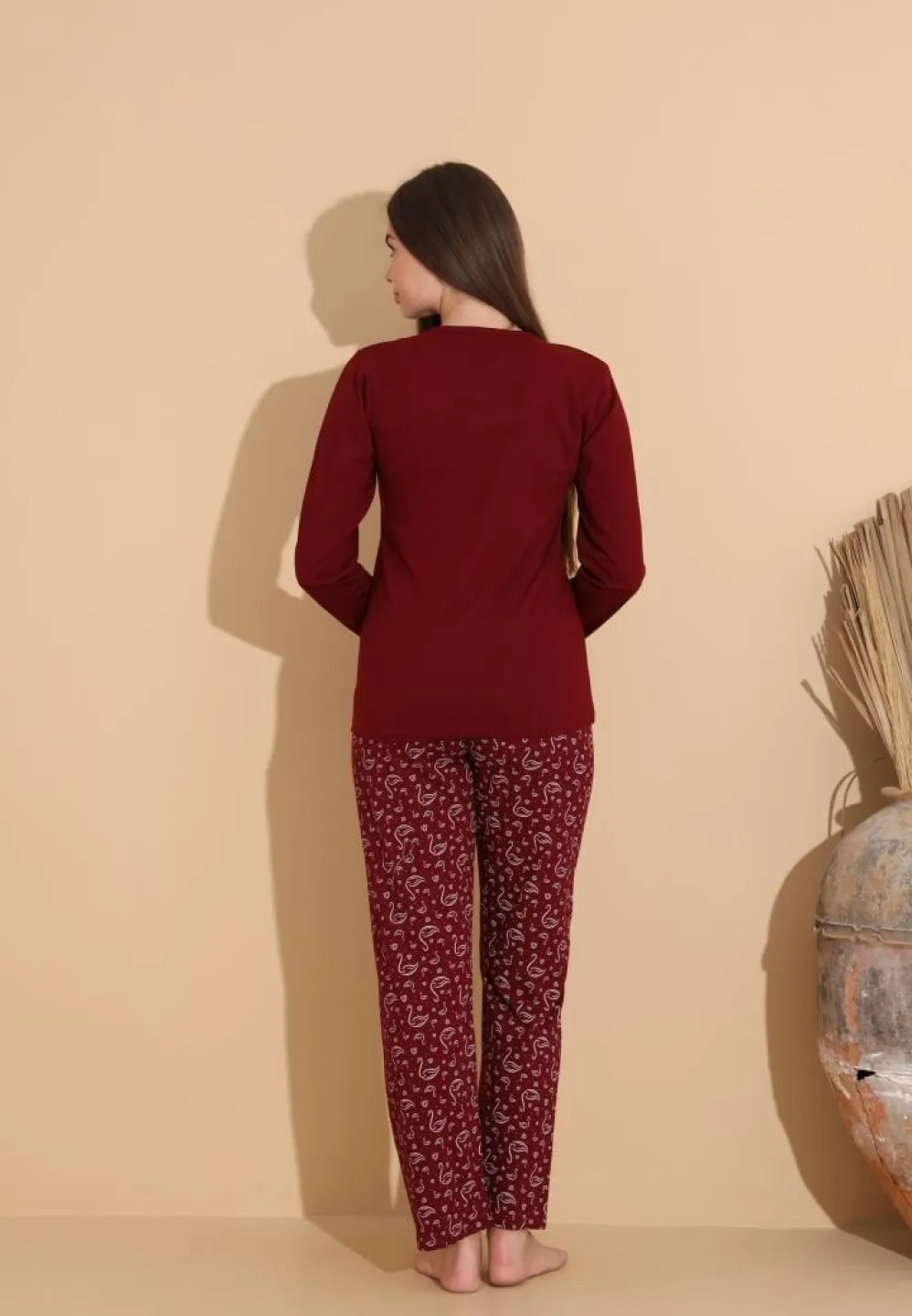 Pijama damă visiniu, bluză „Our Family” și pantaloni cu imprimeu flamingo, bordo - 2