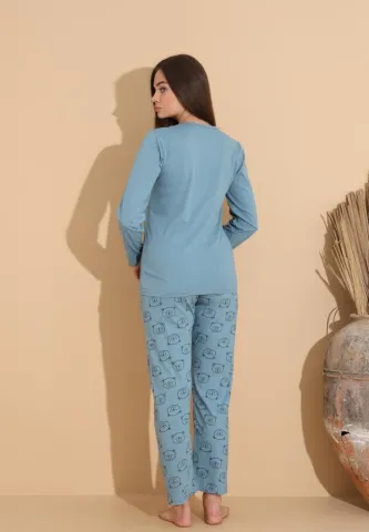 Pijama damă albastru deschis, bluză „Cute” cu ursuleț și pantaloni cu imprimeu ursuleți hover