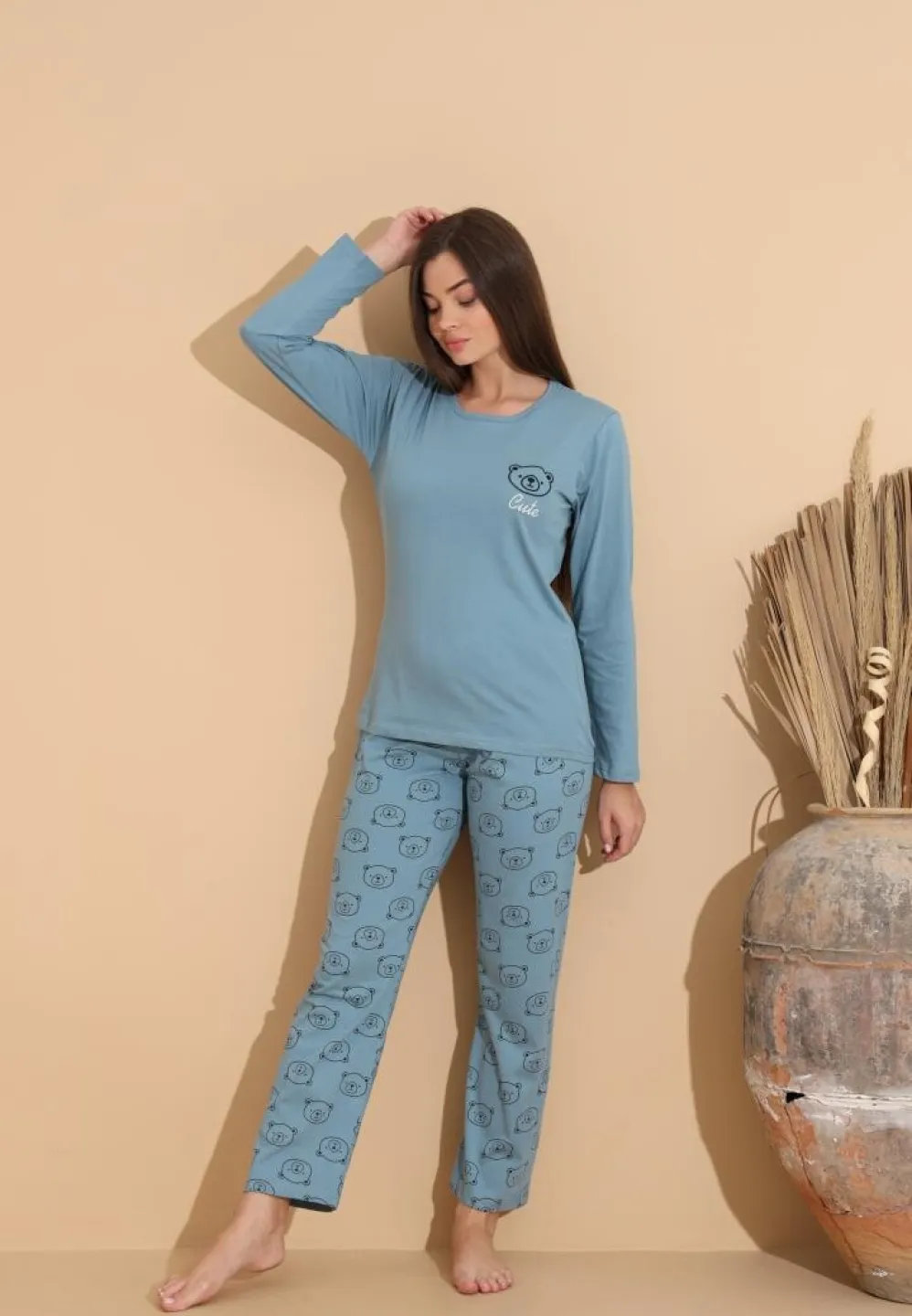 Pijama damă albastru deschis, bluză „Cute” cu ursuleț și pantaloni cu imprimeu ursuleți - 3