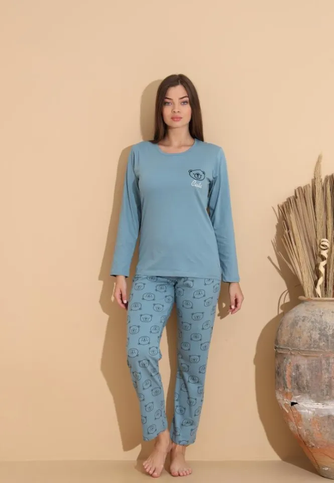Pijama damă albastru deschis, bluză „Cute” cu ursuleț și pantaloni cu imprimeu ursuleți