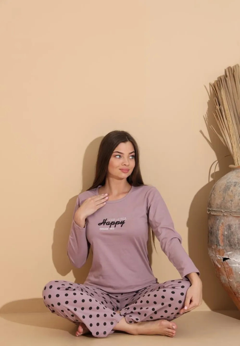 Pijama damă mov „HAPPY” cu pantaloni lungi cu buline - 2