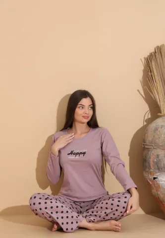 Pijama damă mov „HAPPY” cu pantaloni lungi cu buline hover