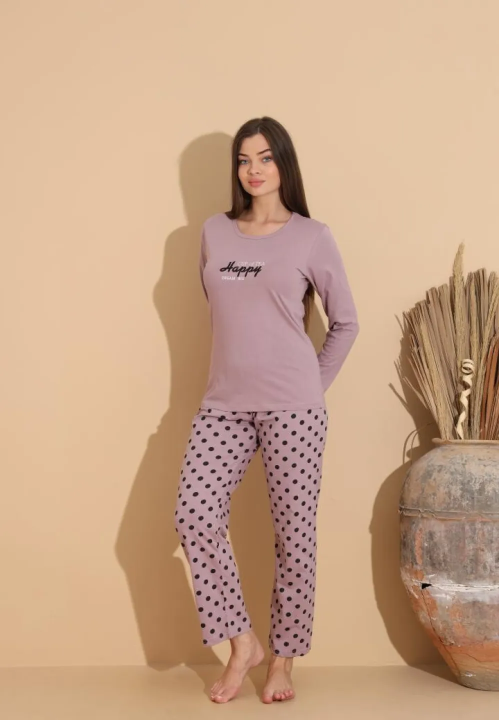 Pijama damă mov „HAPPY” cu pantaloni lungi cu buline - 4
