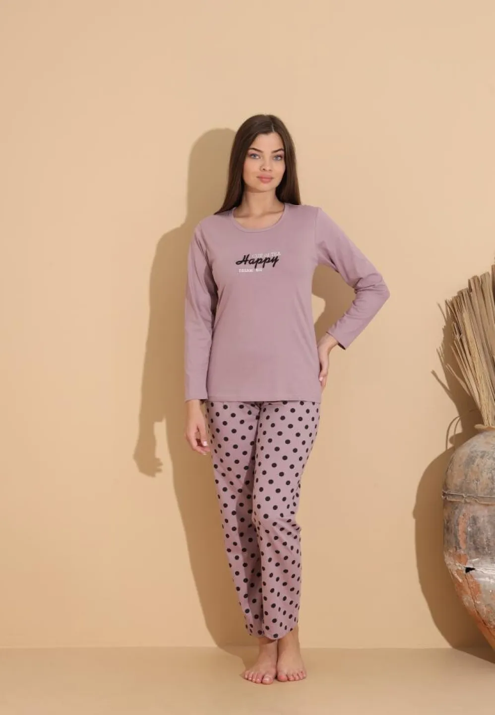 Pijama damă mov „HAPPY” cu pantaloni lungi cu buline - 1