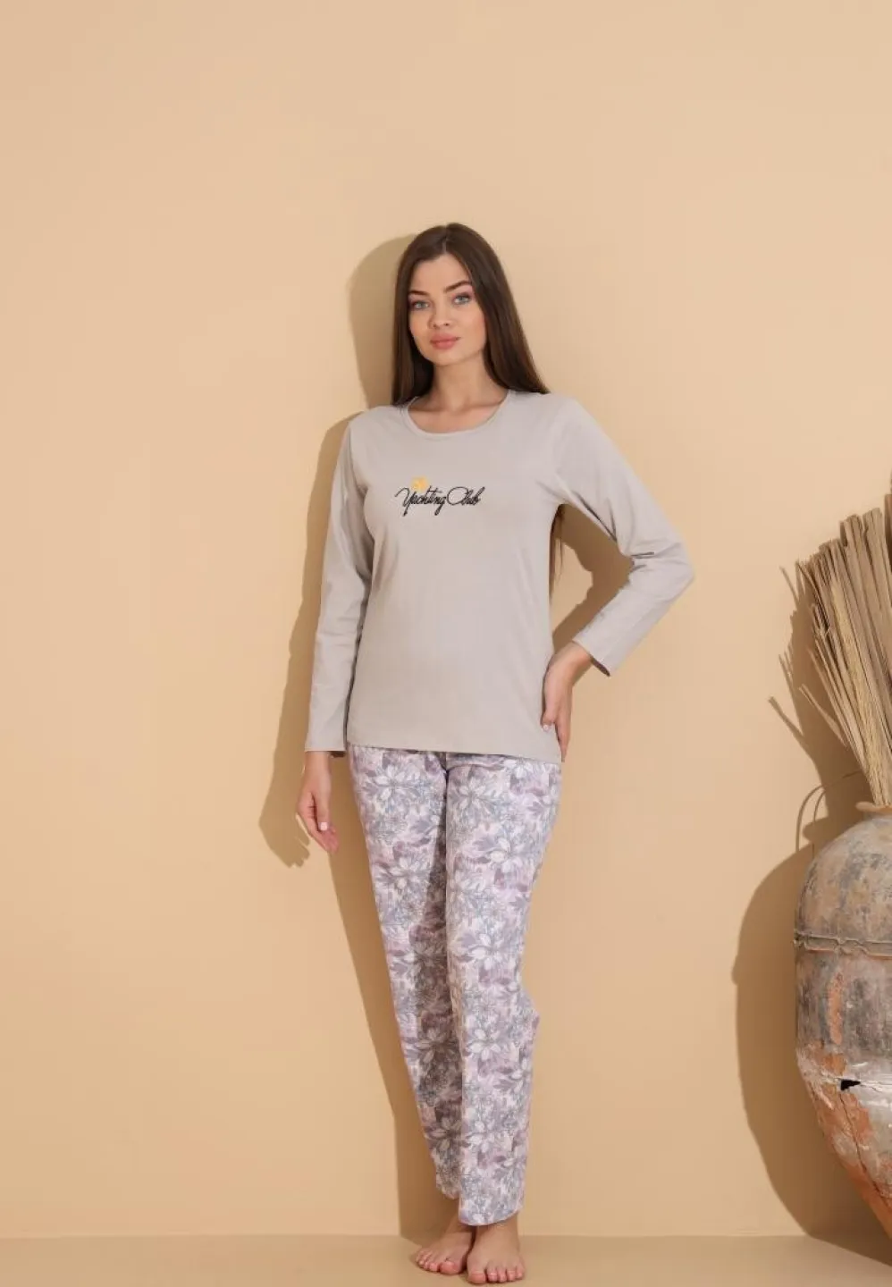 Pijama damă gri „Yachting Club” cu pantaloni lungi floral - 3