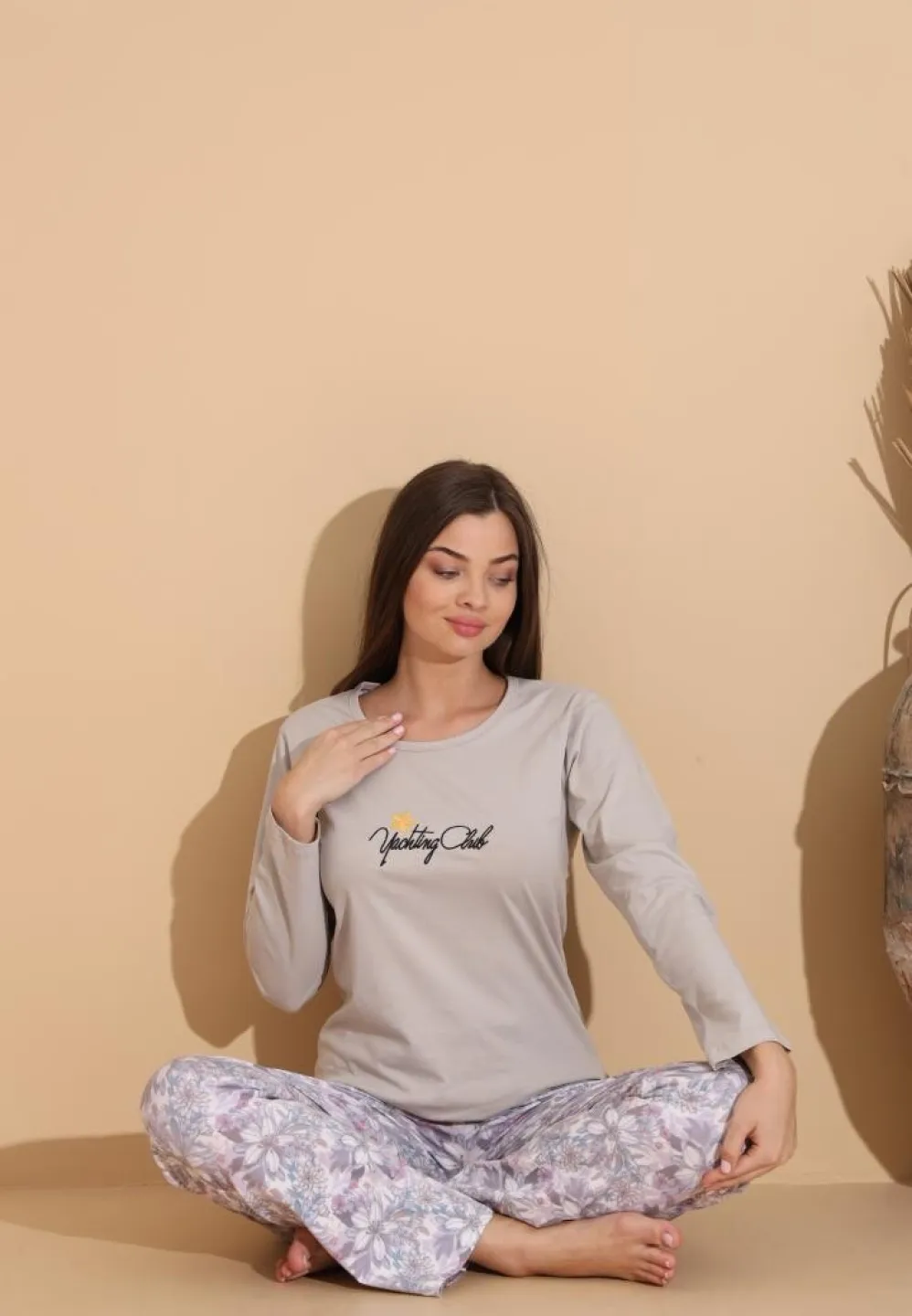 Pijama damă gri „Yachting Club” cu pantaloni lungi floral - 4