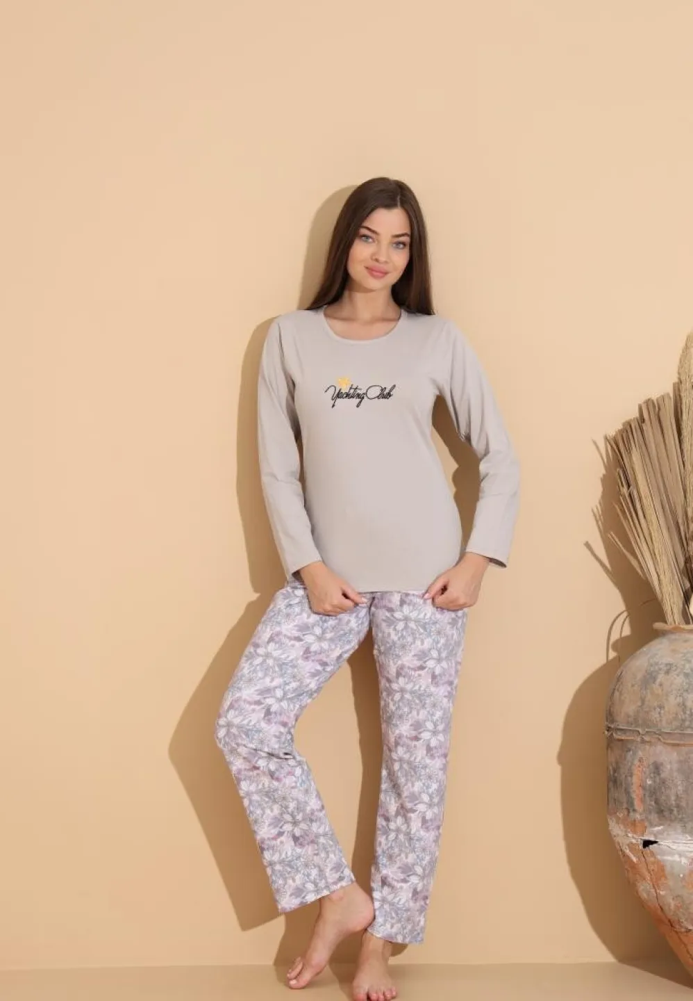 Pijama damă gri „Yachting Club” cu pantaloni lungi floral - 1