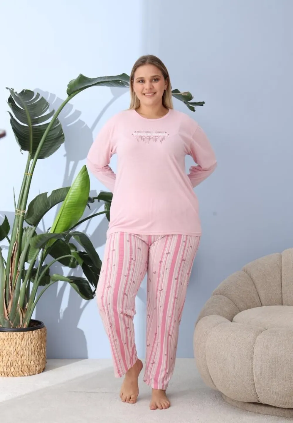 Pijama damă, Big Size, „BELIEVE IN YOURSELF” cu pantaloni și mânecă lungă - 3