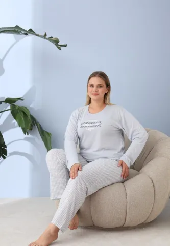 Pijama damă, Big Size, „LEAVE A LITTLE” cu pantaloni și mânecă lungă, blue hover