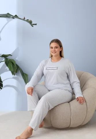 Pijama damă, Big Size, „LEAVE A LITTLE” cu pantaloni și mânecă lungă, blue