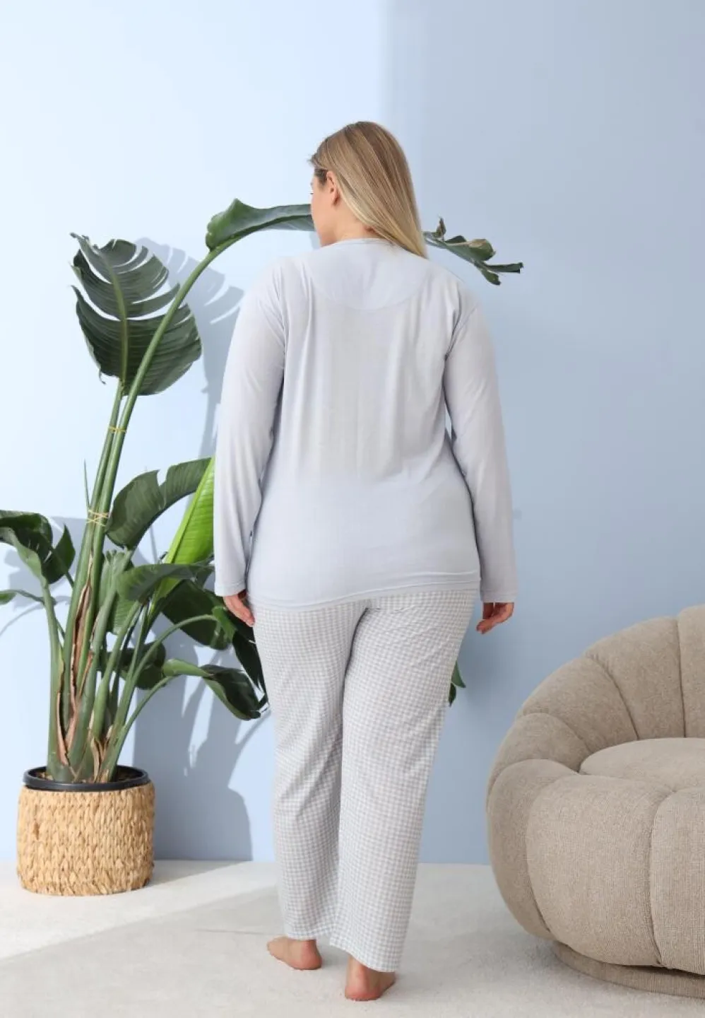 Pijama damă, Big Size, „LEAVE A LITTLE” cu pantaloni și mânecă lungă, blue - 4