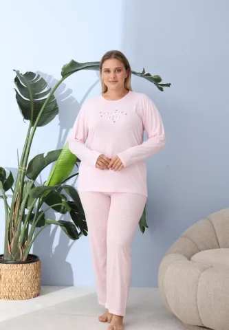 Pijama damă, Big Size, „WINTER VIBES” cu pantaloni și mânecă lungă, roz hover