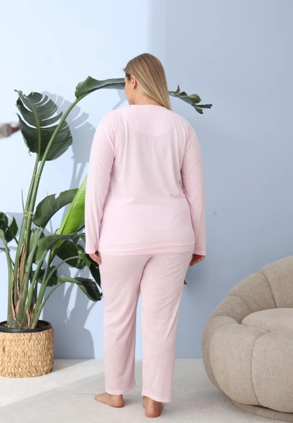 Pijama damă, Big Size, „WINTER VIBES” cu pantaloni și mânecă lungă, roz - 3
