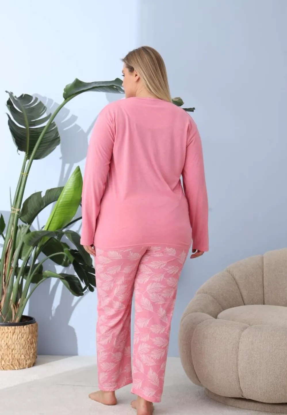 Pijama damă, Big Size, „My best Life” cu pantaloni și mânecă lungă, roz - 2
