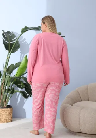 Pijama damă, Big Size, „My best Life” cu pantaloni și mânecă lungă, roz hover