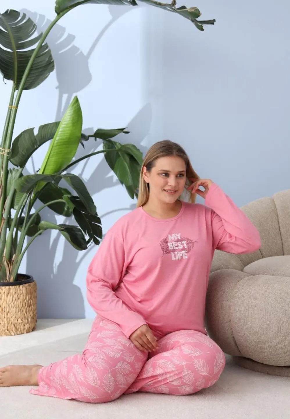 Pijama damă, Big Size, „My best Life” cu pantaloni și mânecă lungă, roz - 1