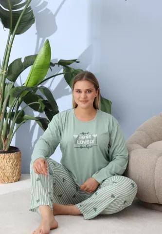 Pijama damă, Big Size, „JUST LOVELY” cu pantaloni și mânecă lungă, verde