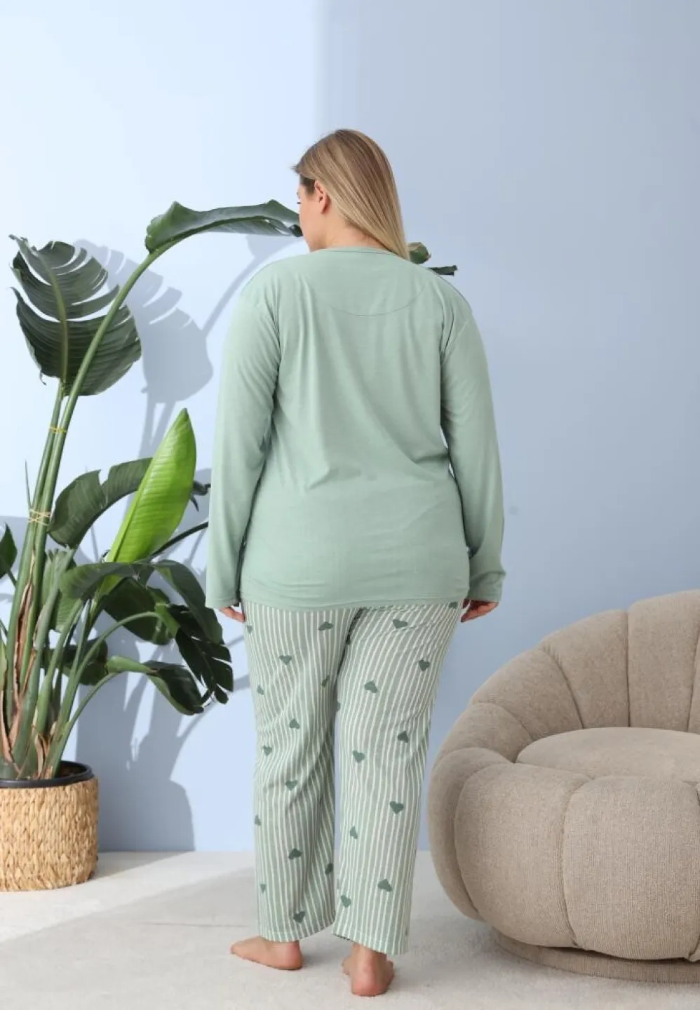 Pijama damă, Big Size, „JUST LOVELY” cu pantaloni și mânecă lungă, verde - 2
