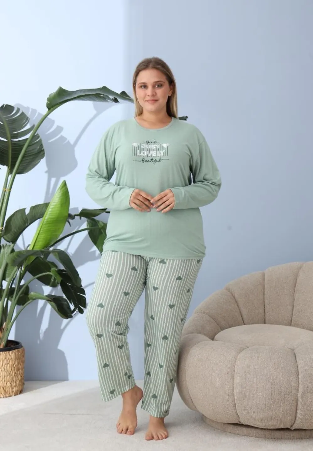 Pijama damă, Big Size, „JUST LOVELY” cu pantaloni și mânecă lungă, verde - 3