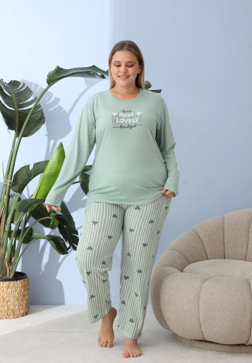 Pijama damă, Big Size, „JUST LOVELY” cu pantaloni și mânecă lungă, verde - 4