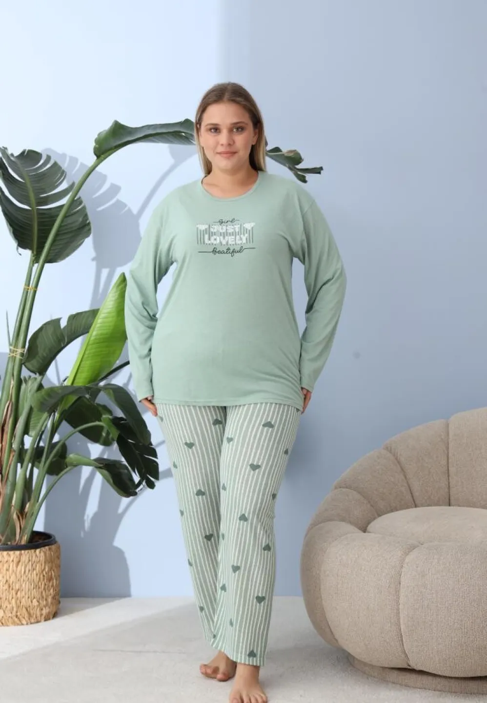 Pijama damă, Big Size, „JUST LOVELY” cu pantaloni și mânecă lungă, verde - 5