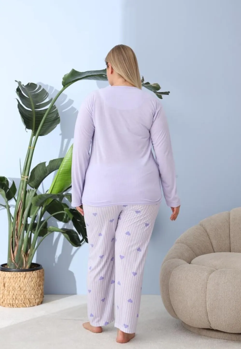 Pijama damă, Big Size, „Keep Thing” cu pantaloni și mânecă lungă, lila - 2