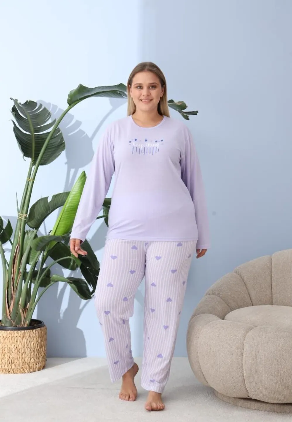 Pijama damă, Big Size, „Keep Thing” cu pantaloni și mânecă lungă, lila - 3