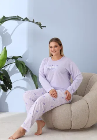 Pijama damă, Big Size, „Keep Thing” cu pantaloni și mânecă lungă, lila