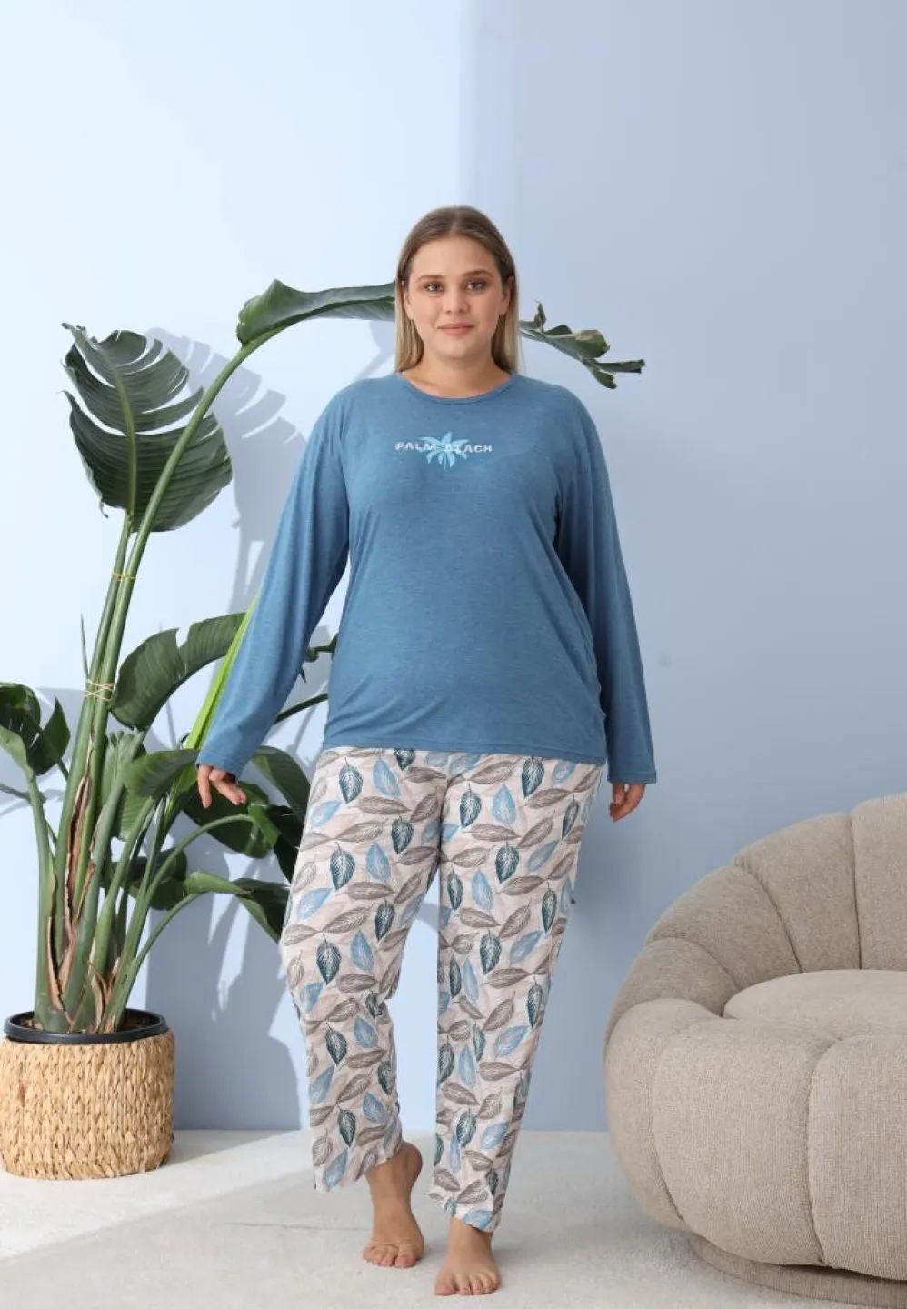 Pijama damă, Big Size, „PLAM BEACH” cu pantaloni și mânecă lungă, albastru - 2