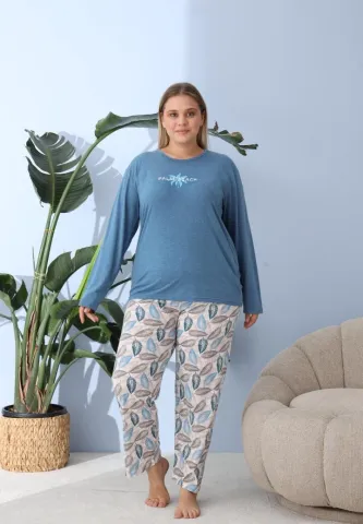 Pijama damă, Big Size, „PLAM BEACH” cu pantaloni și mânecă lungă, albastru hover