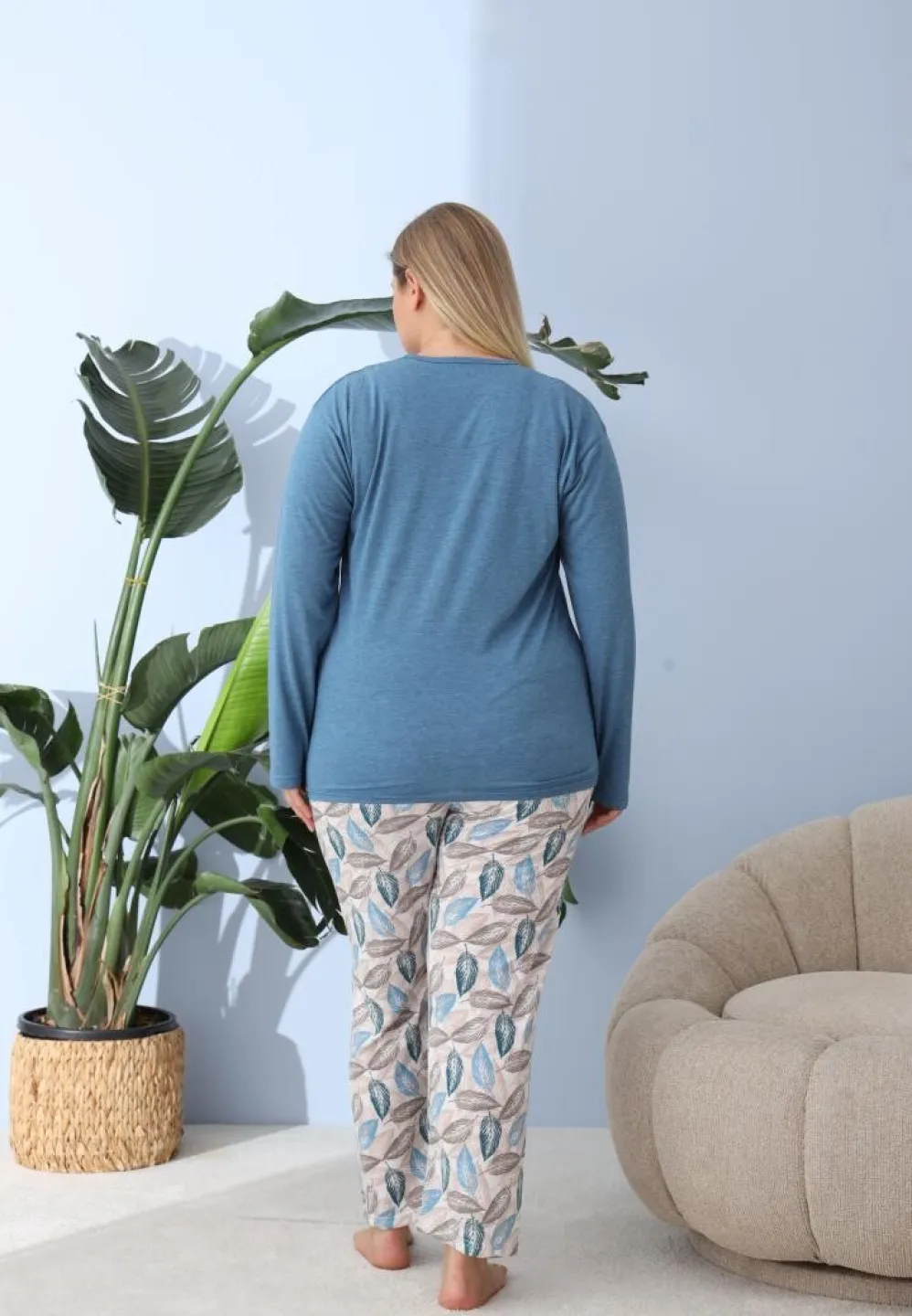 Pijama damă, Big Size, „PLAM BEACH” cu pantaloni și mânecă lungă, albastru - 3