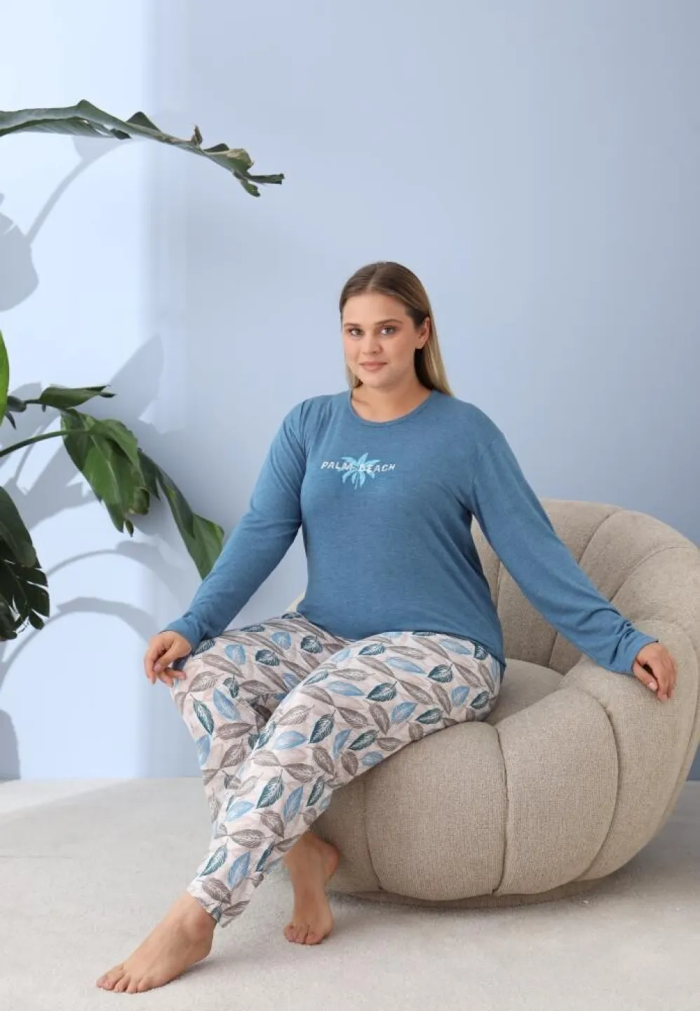 Pijama damă, Big Size, „PLAM BEACH” cu pantaloni și mânecă lungă, albastru - 1