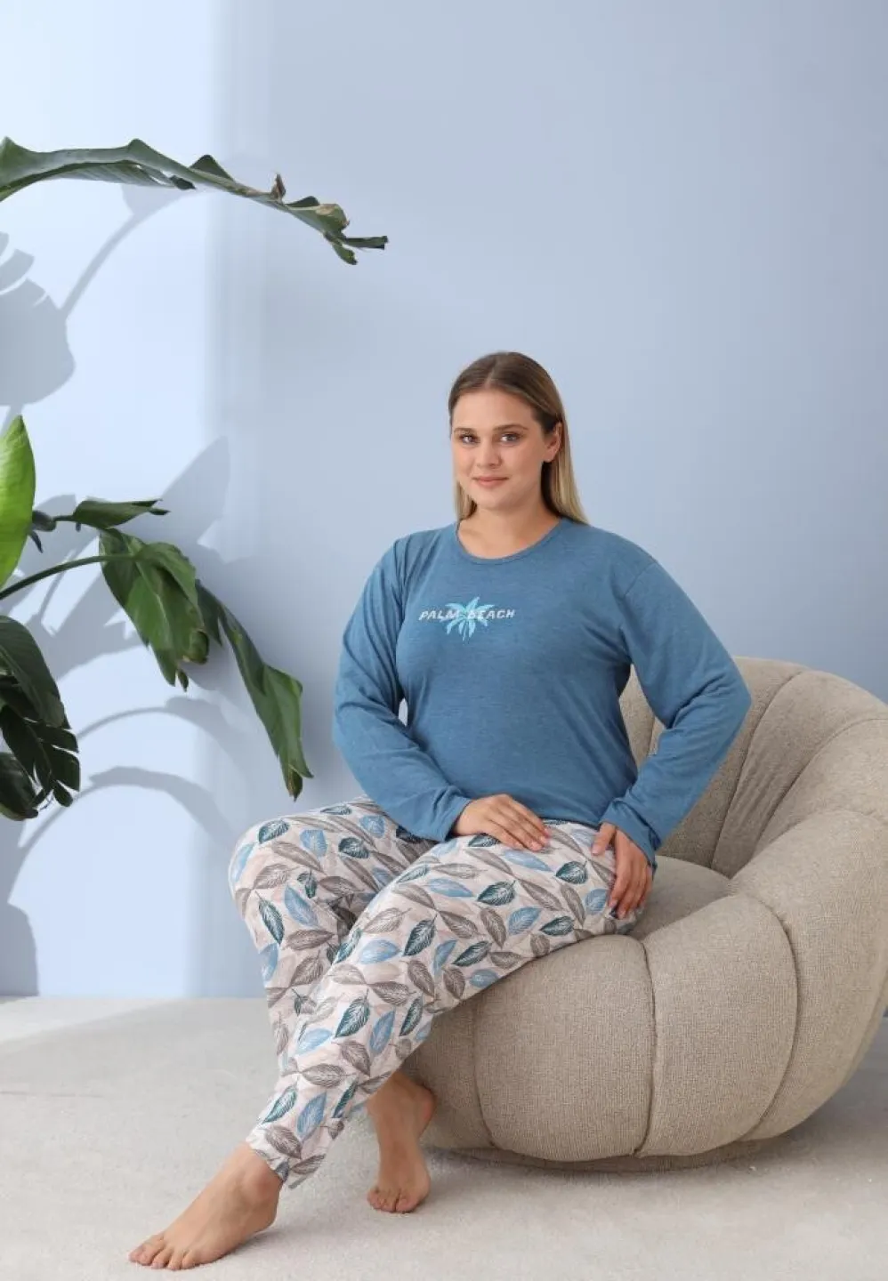 Pijama damă, Big Size, „PLAM BEACH” cu pantaloni și mânecă lungă, albastru - 4