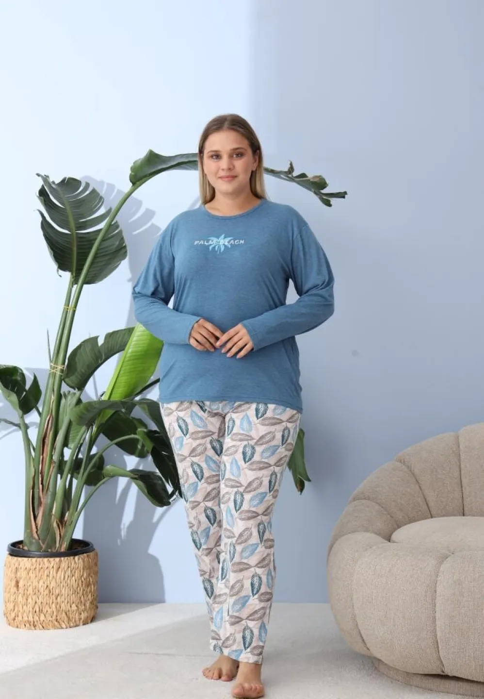 Pijama damă, Big Size, „PLAM BEACH” cu pantaloni și mânecă lungă, albastru - 5