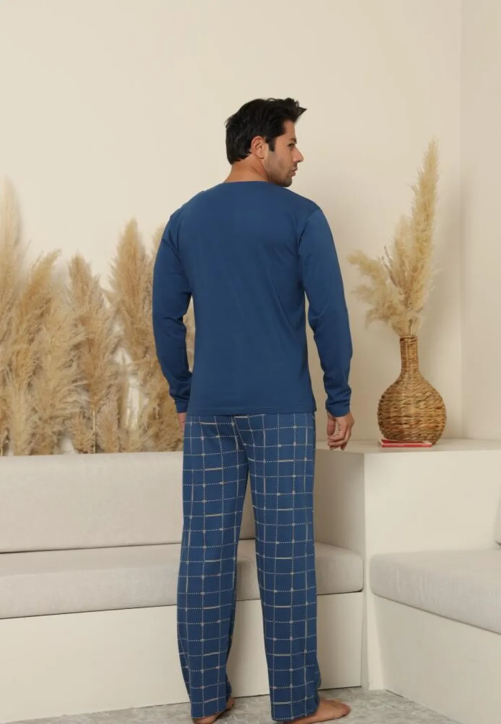 Pijama bărbați, mânecă lungă și pantaloni lungi cu buzunare, albastru - 2