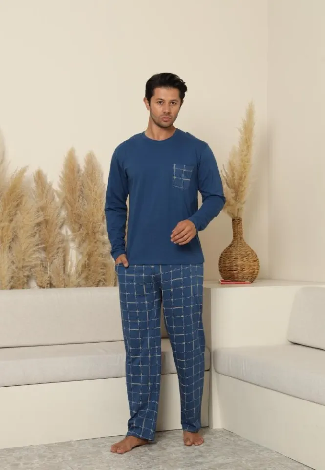 Pijama bărbați, mânecă lungă și pantaloni lungi cu buzunare, albastru