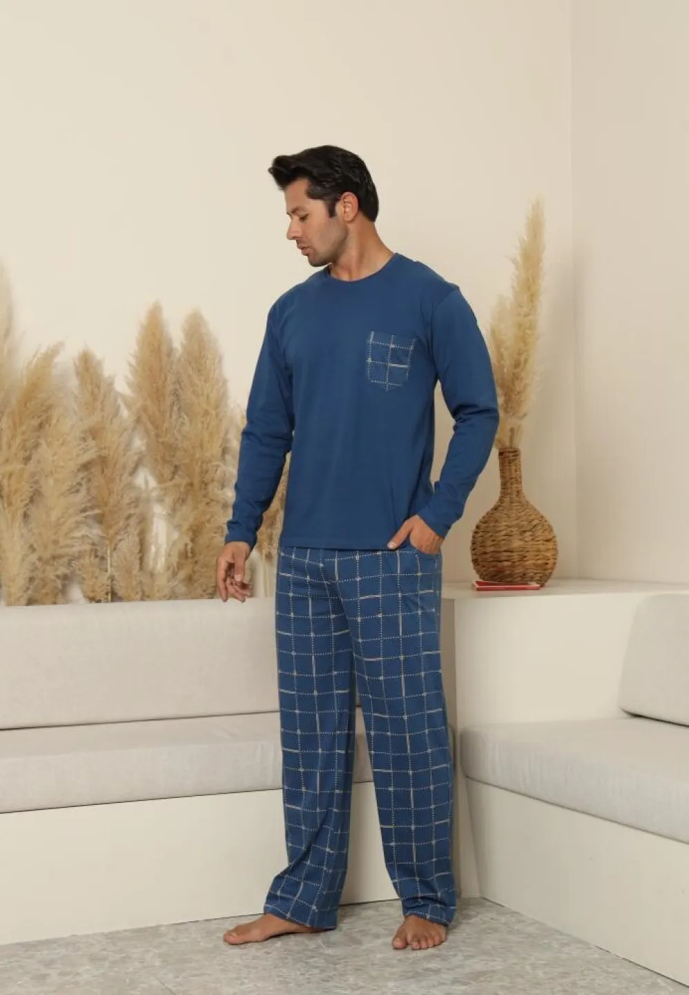 Pijama bărbați, mânecă lungă și pantaloni lungi cu buzunare, albastru - 4