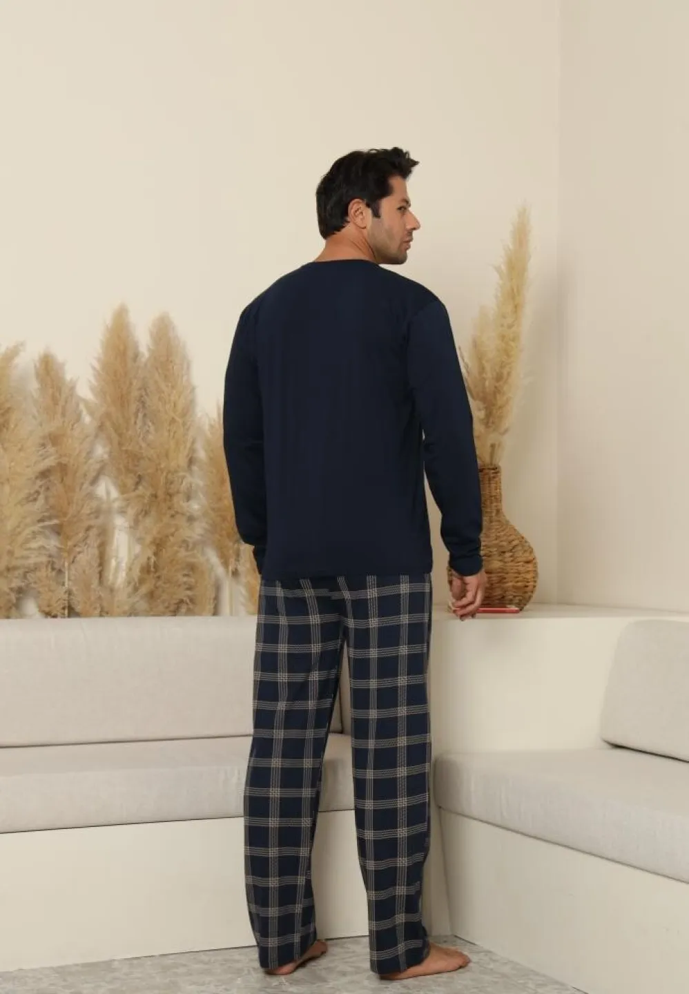 Pijama bărbați bleumarin cu mânecă lungă și pantaloni lungi cu buzunare - 2