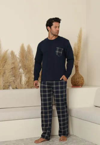 Pijama bărbați bleumarin cu mânecă lungă și pantaloni lungi cu buzunare