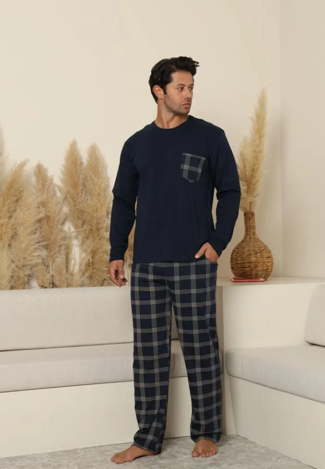 Pijama bărbați bleumarin cu mânecă lungă și pantaloni lungi cu buzunare