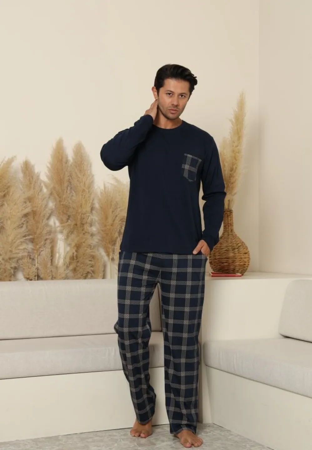 Pijama bărbați bleumarin cu mânecă lungă și pantaloni lungi cu buzunare - 3