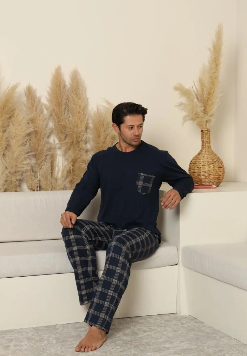 Pijama bărbați bleumarin cu mânecă lungă și pantaloni lungi cu buzunare - 5