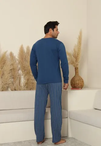 Pijama bărbați cu buzunare dungi, cu mânecă lungă și pantaloni lungi, Albastru hover
