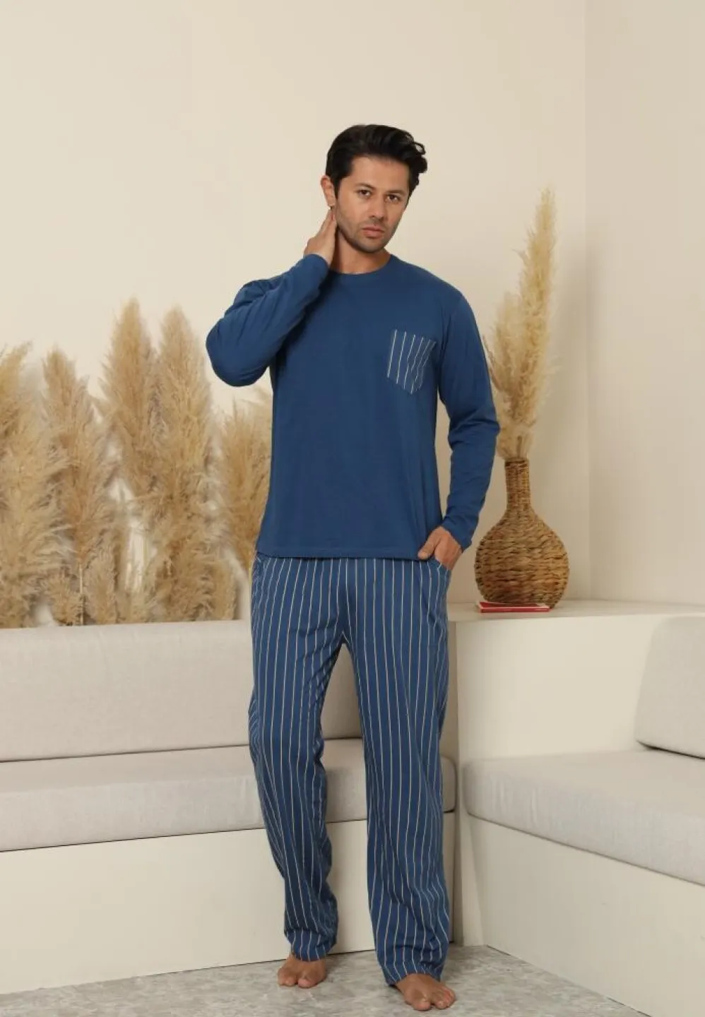 Pijama bărbați cu buzunare dungi, cu mânecă lungă și pantaloni lungi, Albastru - 3