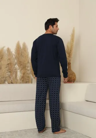 Pijama bărbați cu mânecă lungă și pantaloni lungi cu carou, cu buzunare, Bleumarin hover