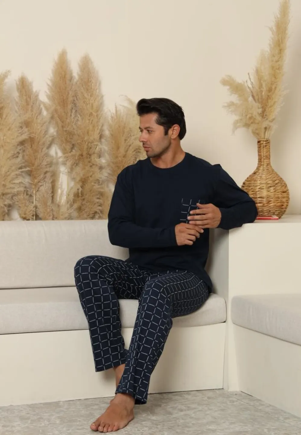 Pijama bărbați cu mânecă lungă și pantaloni lungi cu carou, cu buzunare, Bleumarin - 4