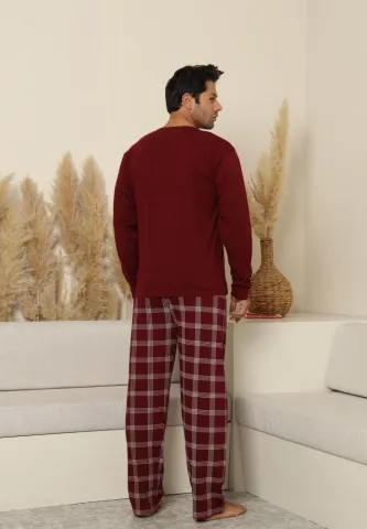 Pijama bărbați cu mânecă lungă și pantaloni lungi cu carou, cu buzunare, Bordo hover